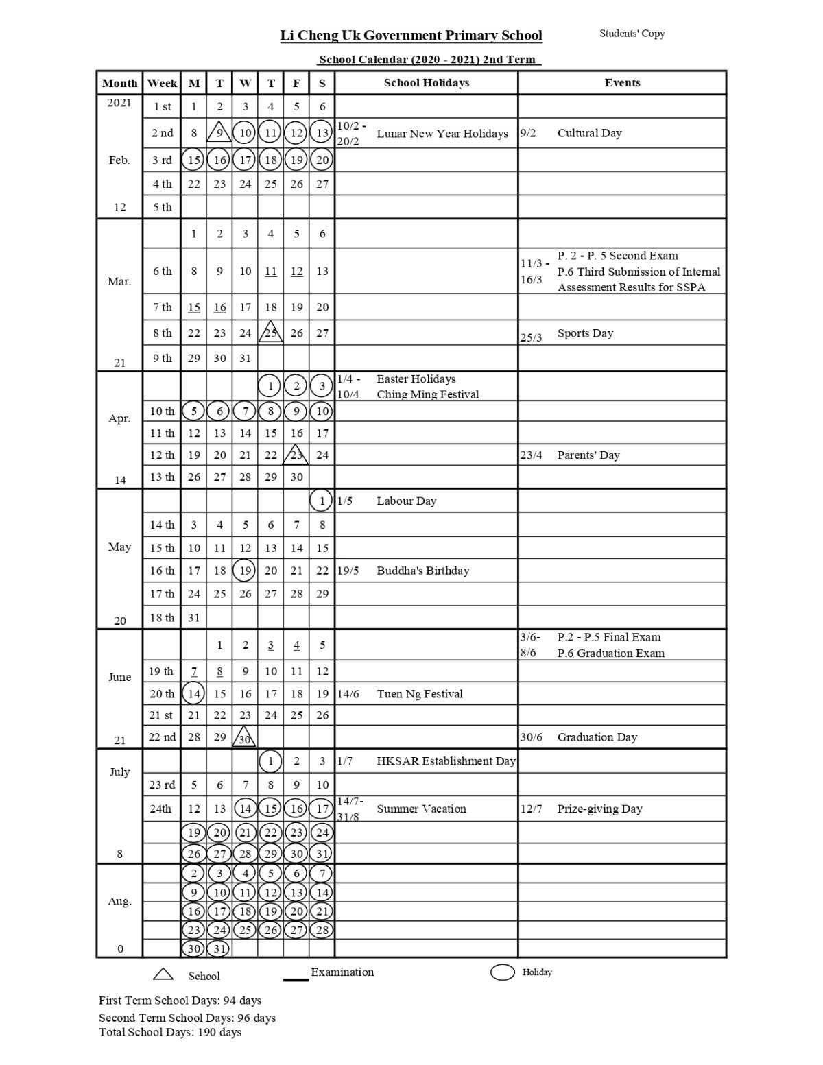 School Calendar – Li Cheng Uk Government Primary School